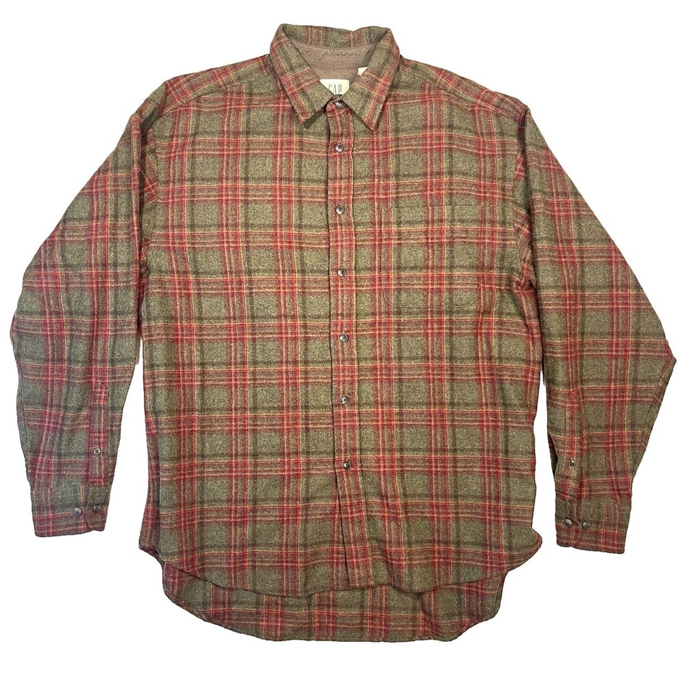 VTG 90s Gap Mens Shirt Wool Flannel Plaid Checker Tag M Fits Sz L Button Down